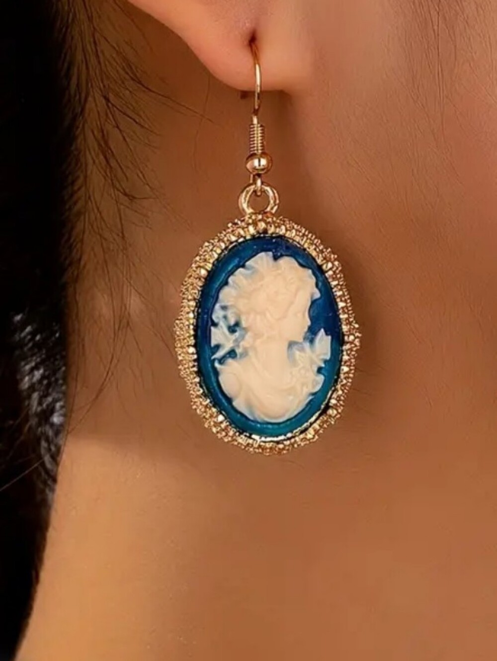 Gold & Blue Cameo Drop Dangle Earrings - Women Jewelry